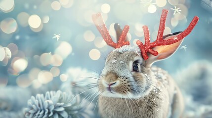 Wall Mural - Cute bunny with red reindeer antlers on its head. The perfect image for a Christmas or Easter card.