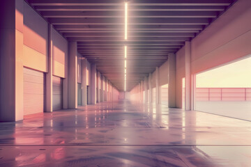 Wall Mural - A long, empty hallway with a pinkish hue