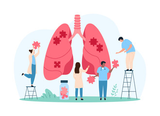 Lung health care, awareness of infection diseases and dangers of smoking. Tiny people holding puzzle pieces to connect into healthy human lungs, protect respiratory system cartoon vector illustration