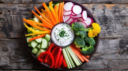 a vibrant veggie platter featuring sliced carrots, yellow and green peppers, crisp cucumber slices, and fresh bell pepper stripes, arranged beautifully on a serving dish.