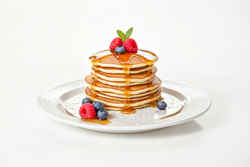 Wall Mural - Delicious Stack of Pancakes Drizzled with Maple Syrup and Topped with Fresh Berries