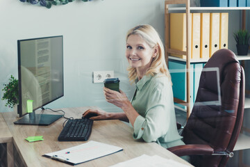 Sticker - Photo of lovely pretty charming woman in chair drinking coffee relax rest modern room office company indoors workplace