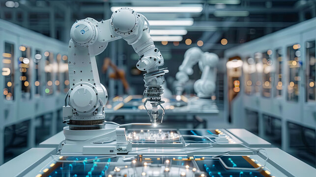 Intelligent robotic arms in a digital factory demonstrating automated manufacturing technology within the industry