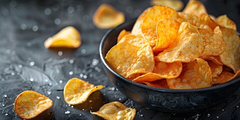 various Collection of flavored potato chips in bowls, a bowl with various delectable potato chips
