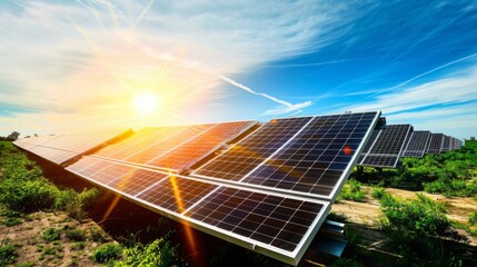 Wall Mural - A field of solar panels in the late afternoon, with the sun setting in the background. The panels are capturing energy from the sun.