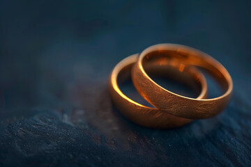 Wedding gold classic rings on blue background.