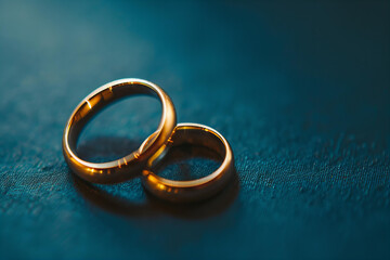 Wedding gold rings on blue background.