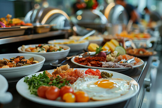 Wide array of breakfast items arranged on a plate at the hotel restaurant's buffet.