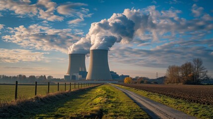 Canvas Print - A large nuclear power plant with two cooling towers releases smoke plumes into the blue sky. The plant is located in a rural setting with fields and a dirt road in the foreground.