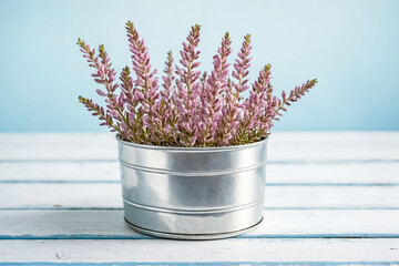 Sticker - Delicate Pink Flowers in a Metal Pot on a Whitewashed Wooden Table