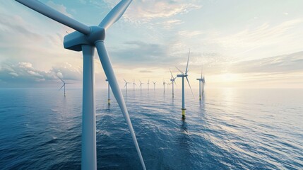 Wall Mural - A row of wind turbines stand tall in the ocean, capturing the winds energy as the sun sets in the distance, casting a golden glow over the water.