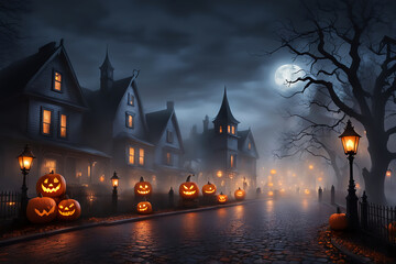  Halloween , lights, and fog-covered towns and streets during Halloween design. 