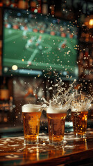 Pint of beer on a bar counter with TV showing a soccer match in blurred background. Vertical Banner