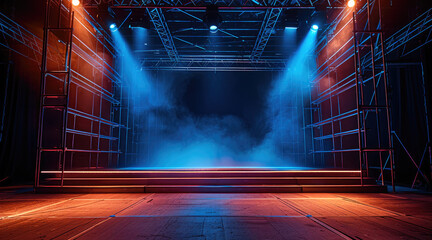 Poster - Talk show set dark background with some scaffolding on top and backside seen through hint of light and platform at the front, warm light spot in the front. Generative AI.