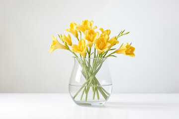 Wall Mural - Yellow freesia flowers in a glass vase on a white background