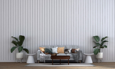 Wall Mural - Modern interior design of loft living room and white wooden wall texture background. 3d rendering
