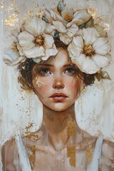 Wall Mural - A girl with flowers on her head, oil painting, gold foil embellishment, white and beige, strong brushstrokes, texture layers, delicate face, soft light 