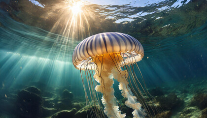 A group of jellyfish swim gracefully beneath water sunlit surface