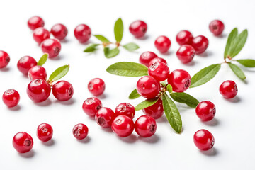 Wall Mural - Fresh red berries with green leaves on a white background