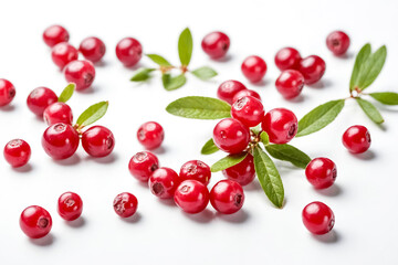 Sticker - Fresh red berries with green leaves on a white background