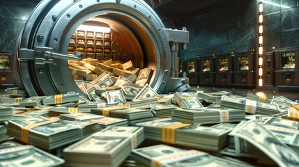 Poster - A bank vault full of money spilling out all over the place. Generative AI.