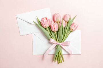 Poster - Pink tulips and white envelope on pink background