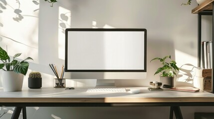 Close up Minimalistic workspace with computer modern designer desktop with blank computer screen, office equipment decorations on table. Mock up