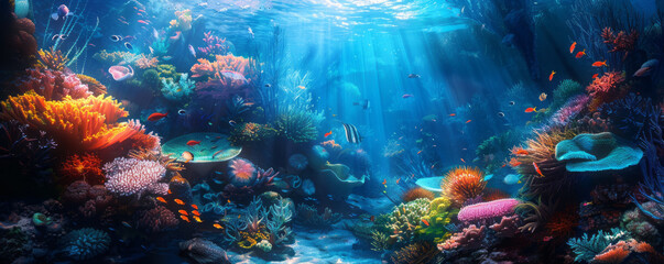 Wall Mural - An underwater world with vibrant corals and exotic fish.