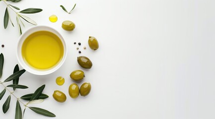 Olive oil and olives on a white background with space for text, shown from above in a flat lay. 