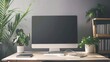 © ttonaorh - Close up Minimalistic workspace with computer modern designer desktop with blank computer screen, office equipment decorations on table. Mock up