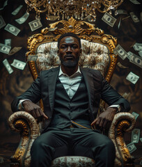 Wall Mural - Black man wearing a suit, sitting on a throne surrounded by money. Generative AI.