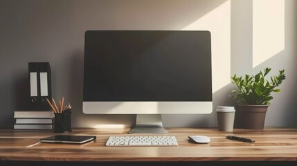 Wall Mural - Close up Minimalistic workspace with computer modern designer desktop with blank computer screen, office equipment decorations on table. Mock up