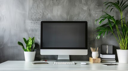 Close up Minimalistic workspace with computer modern designer desktop with blank computer screen, office equipment decorations on table. Mock up