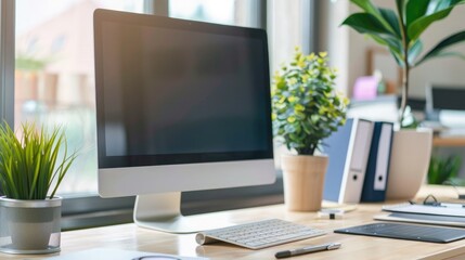 Close up Minimalistic workspace with computer modern designer desktop with blank computer screen, office equipment decorations on table. Mock up
