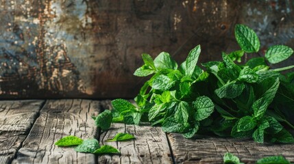 Wall Mural - Fresh mint bunch on old wooden backdrop with selective focus