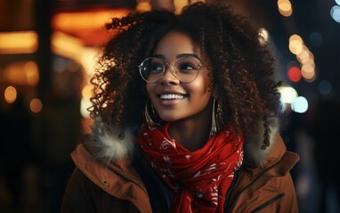 Wall Mural - A woman with curly hair and glasses is smiling and wearing a red scarf