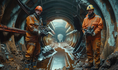 Poster - Two men stand above a small entrance to a sewer tunnel, the tunnel is small and ominous, they are controls drone. The two men, dressed in work wear, are facing the camera directly. Generative AI.