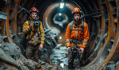 Poster - Two men stand above a small entrance to a sewer tunnel, the tunnel is small and ominous, they are controls drone. The two men, dressed in work wear, are facing the camera directly. Generative AI.