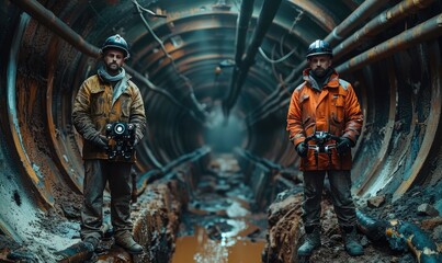 Poster - Two men stand above a small entrance to a sewer tunnel, the tunnel is small and ominous, they are controls drone. The two men, dressed in work wear, are facing the camera directly. Generative AI.