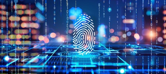 Detailed digital fingerprint on metal surface with futuristic cityscape in the background