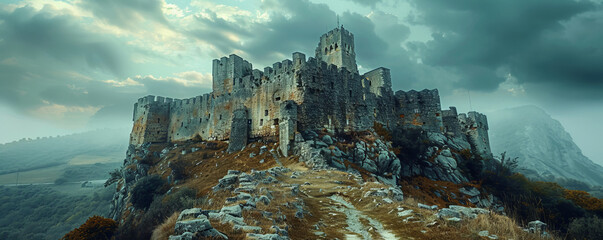 Wall Mural - An ancient castle perched on a hilltop, its stone walls weathered by time and its history etched in its stones.