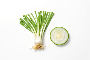 Wall Mural - Fresh Green Onion with Sliced Onion on White Background