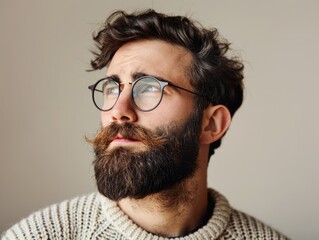 Man with a beard and glasses, looking intellectual, wearing a sweater, against a neutral backdrop