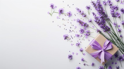 Wall Mural - Lavender flowers and gift box on white background close up view with space for text Beauty and wellness theme