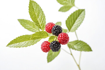 Wall Mural - Close-up of Fresh Blackberries and Raspberries on a Branch with Green Leaves