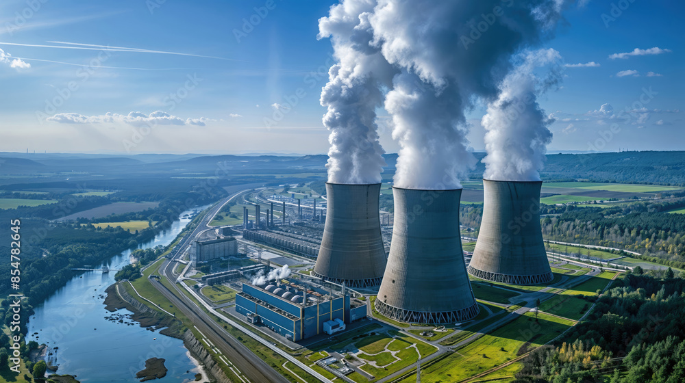 Aerial view of a nuclear power plant with cooling towers emitting steam ...