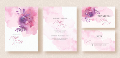 Wall Mural - Abstract splash pink and purple watercolor with floral shapes on wedding invitation background