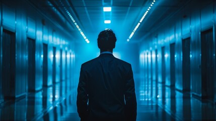 Wall Mural - A man in a suit stands in a long hallway with blue lights