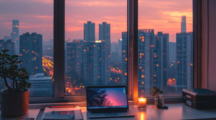 Poster - The window of the modern minimalist style apartment is open, overlooking downtown buildings. The desk by the large floor to ceiling windows has an laptop and candlelight on it. Generative AI.