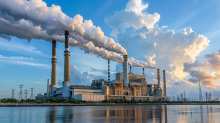 Wall Mural - An industrial power plant with tall smoke stacks emitting smoke near water, surrounded by trees and power lines under a blue sky.